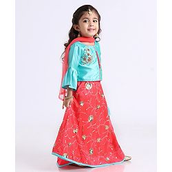 Babyhug Bell Sleeves Choli And Lehenga With Dupatta - Blue Pink