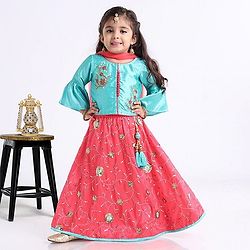 Babyhug Bell Sleeves Choli And Lehenga With Dupatta - Blue Pink