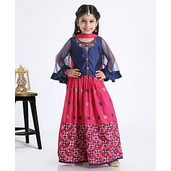 Babyhug Full Sleeves Floral Embroidered Lehenga Set - Navy Blue Pink