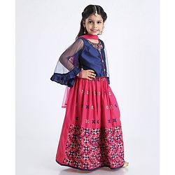 Babyhug Full Sleeves Floral Embroidered Lehenga Set - Navy Blue Pink