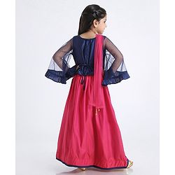 Babyhug Full Sleeves Floral Embroidered Lehenga Set - Navy Blue Pink