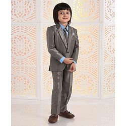 Babyhug 4 Piece Full Sleeves Party Suit With Tie & Pocket Square - Grey