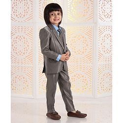 Babyhug 4 Piece Full Sleeves Party Suit With Tie & Pocket Square - Grey