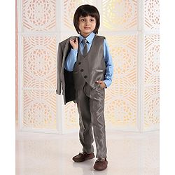Babyhug 4 Piece Full Sleeves Party Suit With Tie & Pocket Square - Grey