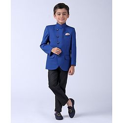 Babyhug Full Sleeves Party Wear Blazer And Trouser - Blue Black