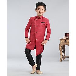Babyhug Full Sleeves Asymmetric Style Solid Sherwani With Pocket Square - Red - 2-3Y Red