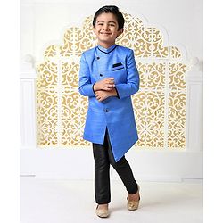 Babyhug Full Sleeves Sherwani With Pocket Square - Blue