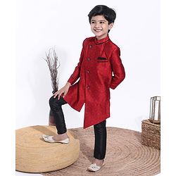 Babyhug Full Sleeves Abstract Woven Asymmetric Sherwani - Marroon Black