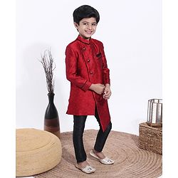 Babyhug Full Sleeves Abstract Woven Asymmetric Sherwani - Marroon Black