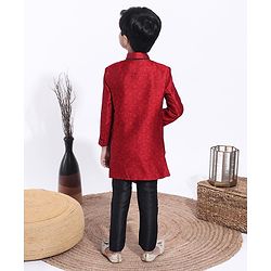 Babyhug Full Sleeves Abstract Woven Asymmetric Sherwani - Marroon Black