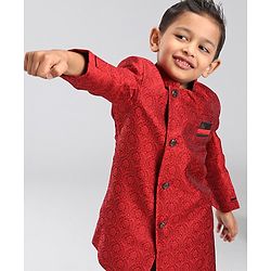 Babyhug Full Sleeves Abstract Woven Asymmetric Sherwani - Marroon Black