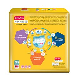 Babyhug Advanced Pant Style Diapers New Born (NB) Size - 64 Pieces, Honeycomb Technology, Cottony Soft Diaper with 3D Leak Guard, Latex & Alcohol Free, Anti-rash & Gentle
