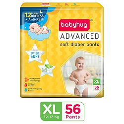 Babyhug Advanced Pant Style Diapers Extra Large (XL) Size   - 56 Pieces, Honeycomb Technology, Cottony Soft Diaper with 3D Leak Guard, Latex & Alcohol Free, Anti-rash & Gentle