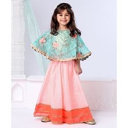 Babyhug Poncho Style Lehenga Set Floral Embroidered - Peach