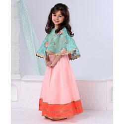 Babyhug Poncho Style Lehenga Set Floral Embroidered - Peach