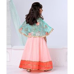 Babyhug Poncho Style Lehenga Set Floral Embroidered - Peach