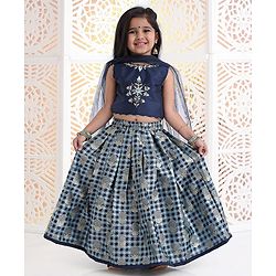 Babyhug Sleeveless Choli And Check Lehenga With Dupatta Studded Detailing - Navy Blue