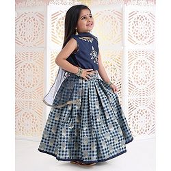 Babyhug Sleeveless Choli And Check Lehenga With Dupatta Studded Detailing - Navy Blue