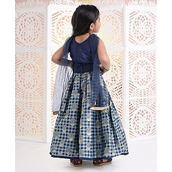 Babyhug Sleeveless Choli And Check Lehenga With Dupatta Studded Detailing - Navy Blue