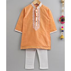 Babyhug Full Sleeves Kurta And Pyjama Set Embroidered - Yellow White