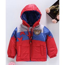 Babyhug Full Sleeves Hooded Jacket Bear Patch - Red Blue - 9-12 M Red