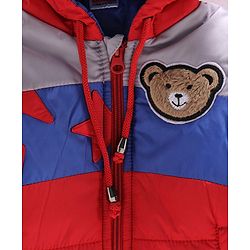 Babyhug Full Sleeves Hooded Jacket Bear Patch - Red Blue - 9-12 M Red