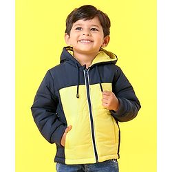 Babyhug Full Sleeves Hooded Winter Jacket - Navy Blue Yellow