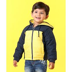 Babyhug Full Sleeves Hooded Winter Jacket - Navy Blue Yellow