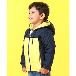 Babyhug Full Sleeves Hooded Winter Jacket - Navy Blue Yellow