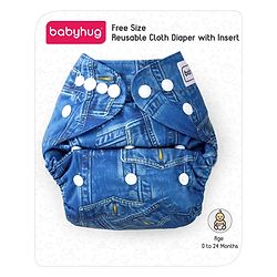 Babyhug Free Size Reusable Cloth Diaper With Insert Denim Print - Blue