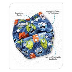 Babyhug Free Size Reusable Cloth Diaper With Insert Monster Print - Blue (Packaging May Vary)