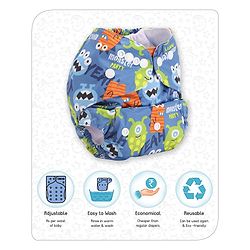 Babyhug Free Size Reusable Cloth Diaper With Insert Monster Print - Blue (Packaging May Vary)