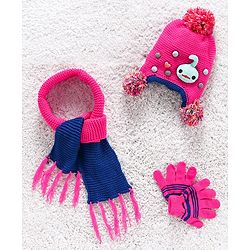 Babyhug Woolen Cap Gloves & Muffler Set Heart Motif - Fuchsia Blue