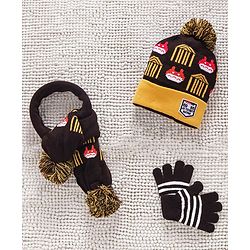 Babyhug Woollen Cap Gloves & Muffler Set Pom Pom Design - Dark Brown