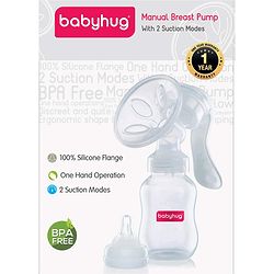 Babyhug Manual Breast pump With 2 Suction Modes- White| Soft Silicon Flange| Quiet Operation| BPA-Free| Anti Back-flow| Sterilazable| Single Hand operation - 150 ml White