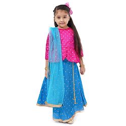 Babyhug Lehenga & 3/4 Sleeves Choli Set With Dupatta Dot Print - Pink Blue