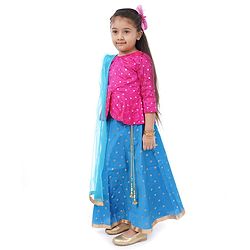 Babyhug Lehenga & 3/4 Sleeves Choli Set With Dupatta Dot Print - Pink Blue