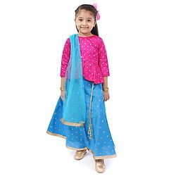 Babyhug Lehenga & 3/4 Sleeves Choli Set With Dupatta Dot Print - Pink Blue