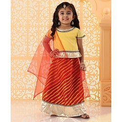 Babyhug Short Sleeves Choli And Lehenga With Dupatta Bead Detailing - Yellow Red