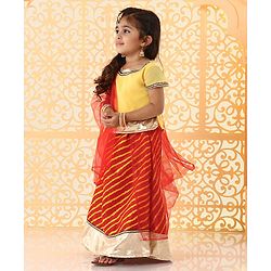 Babyhug Short Sleeves Choli And Lehenga With Dupatta Bead Detailing - Yellow Red