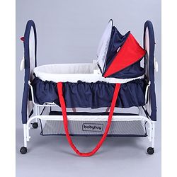 Babyhug Boy Print Cradle with Mosquito Net and Swing Lock Function-Blue Red| Storage Basket| Wheels with Lock| Easy Assembly| Balanced Swing