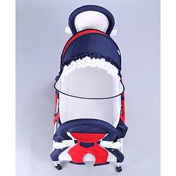 Babyhug Boy Print Cradle with Mosquito Net and Swing Lock Function-Blue Red| Storage Basket| Wheels with Lock| Easy Assembly| Balanced Swing