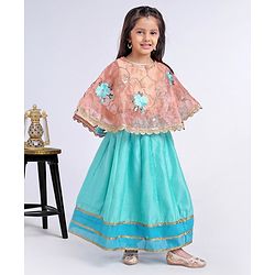 Babyhug Poncho Style Lehenga Set Floral Embroidered - Sea Green