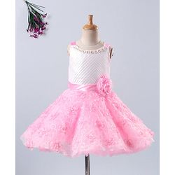 Babyhug Sleeveless Embroidered Party Frock With Neckline Floral Embellishment - White Pink