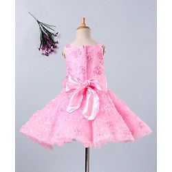 Babyhug Sleeveless Embroidered Party Frock With Neckline Floral Embellishment - White Pink