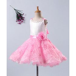 Babyhug Sleeveless Embroidered Party Frock With Neckline Floral Embellishment - White Pink