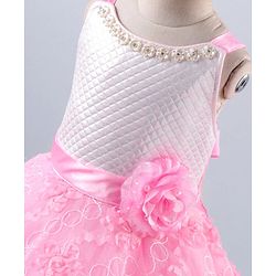 Babyhug Sleeveless Embroidered Party Frock With Neckline Floral Embellishment - White Pink