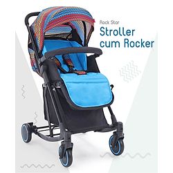 Babyhug Rock Star Stroller Cum Rocker With 5 Point Safety Harness - Blue| Reclining Seat| Linked Brake| Adjustable Canopy| Single Hand Fold