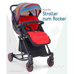 Babyhug Rock Star Stroller Cum Rocker With 5 Point Safety Harness - Red| Reclining Seat| Linked Brake| Adjustable Canopy| Single Hand Fold