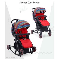 Babyhug Rock Star Stroller Cum Rocker With 5 Point Safety Harness - Red| Reclining Seat| Linked Brake| Adjustable Canopy| Single Hand Fold